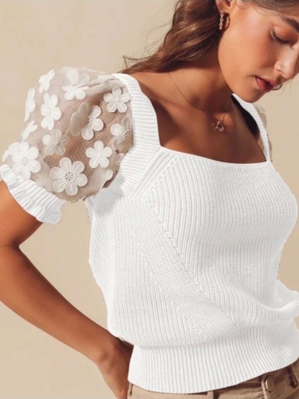 NWT INDUSTRY White Square Neck Knit Sweater w/Sheer Floral Puff Sleeves Sz M